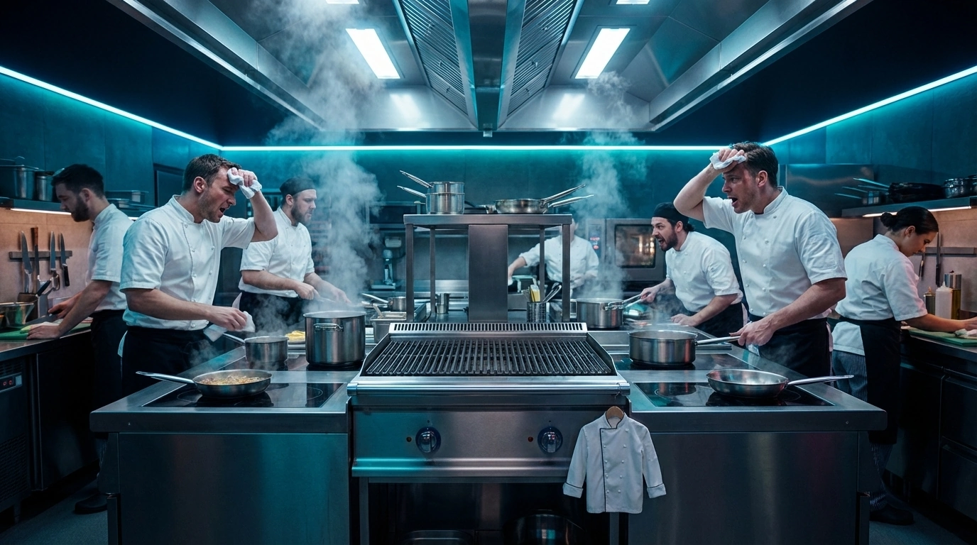 Cocina de restaurante con un puesto de trabajo vacío y resto de equipo estresado