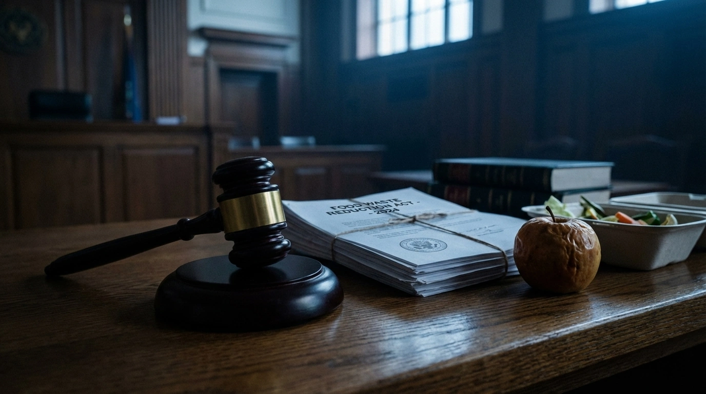 Martillo de juez sobre documentos legales y comida desperdiciada