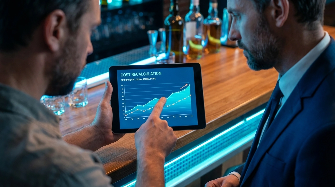 Hostelero renegociando contrato con proveedor usando tablet con datos