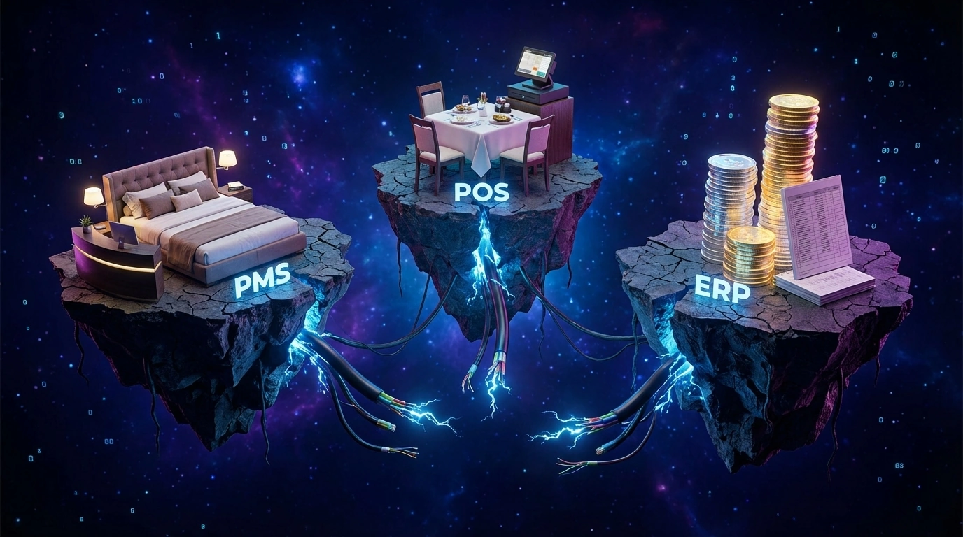 Gráfico mostrando fallo en integración PMS ERP Hotel con islas desconectadas