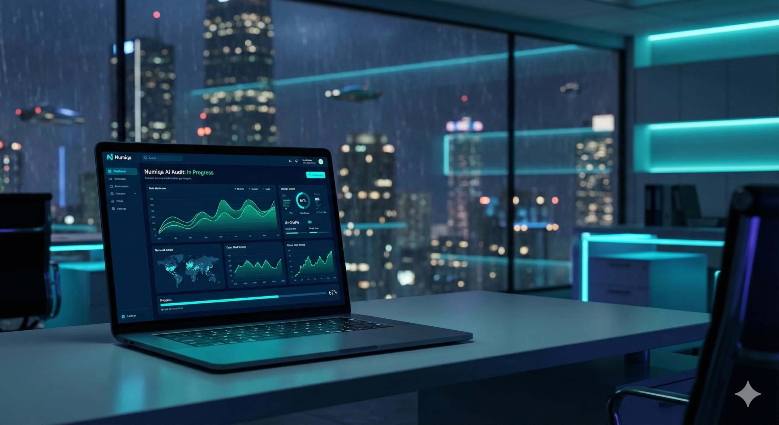 Visualización de la IA de Numiqa trabajando como Agente Autónomo en el turno de noche (Night Shift) en una oficina vacía.