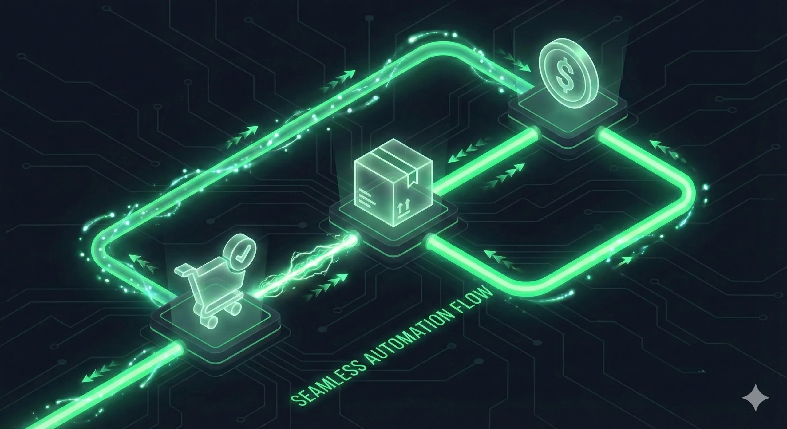 Diagrama de flujo mostrando cómo la automatización conecta ventas, almacén y contabilidad sin intervención humana.