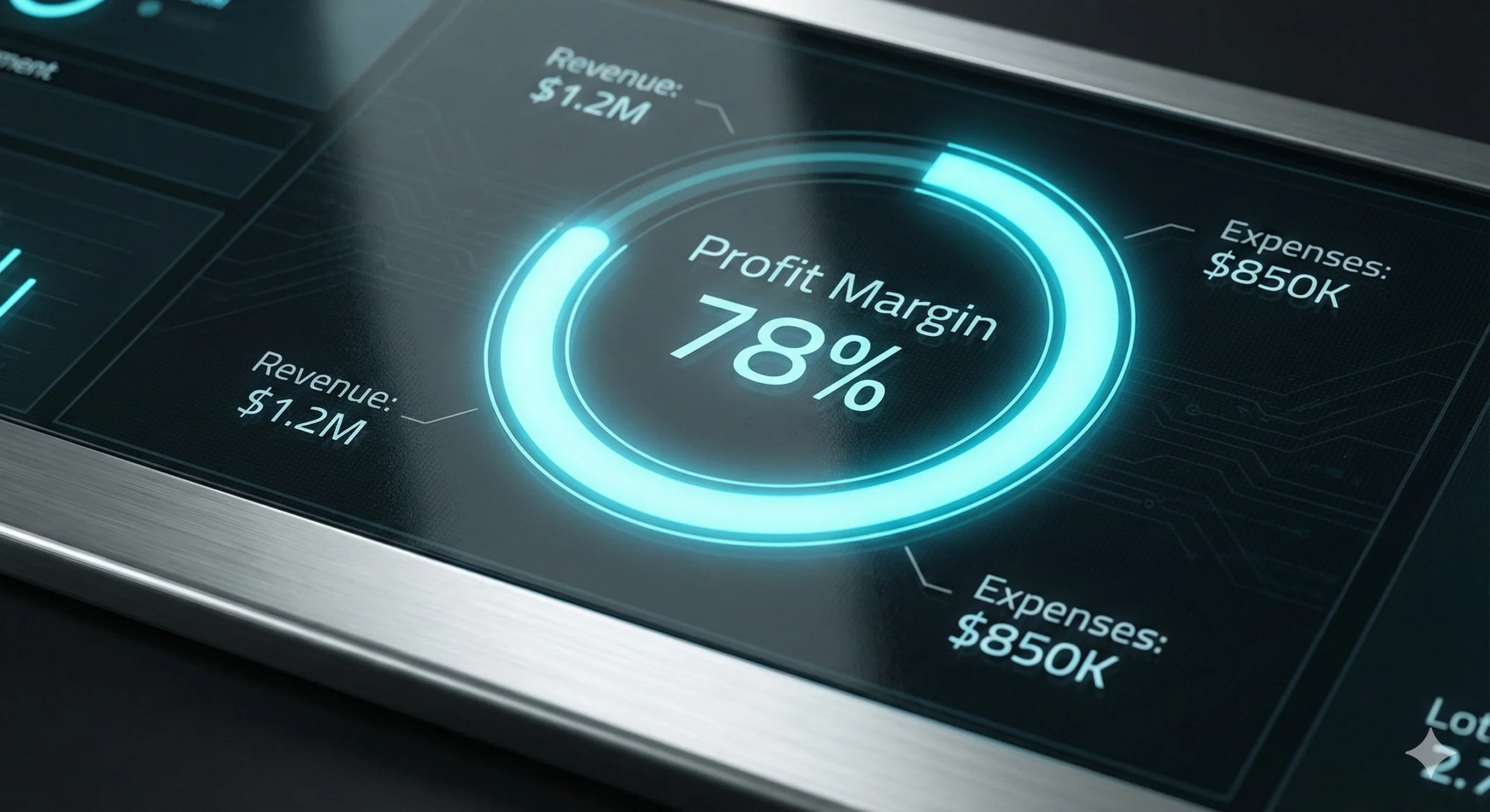 Visualización de datos empresariales en gráficos circulares y de barras con estética neón futurista.
