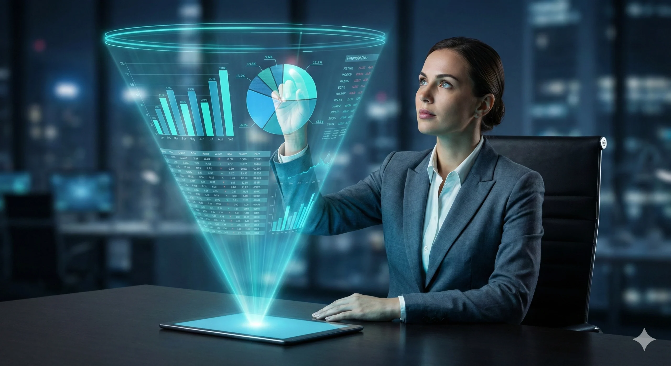 Holograma de un dashboard de Business Intelligence flotando sobre la mano de un empresario en un entorno oscuro.