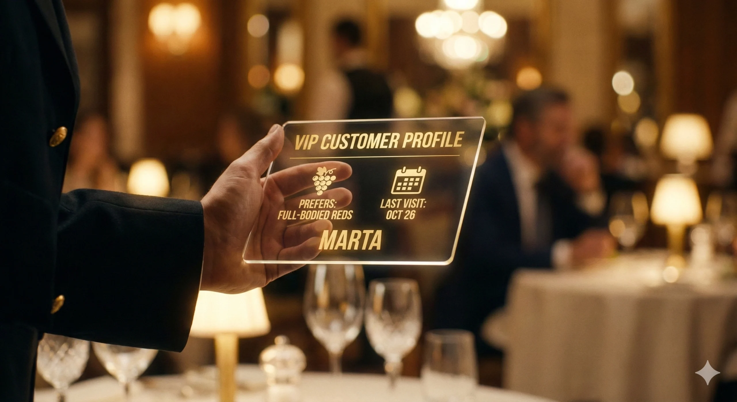 Tablet de camarero mostrando las preferencias y alergias de un cliente VIP en un restaurante elegante.