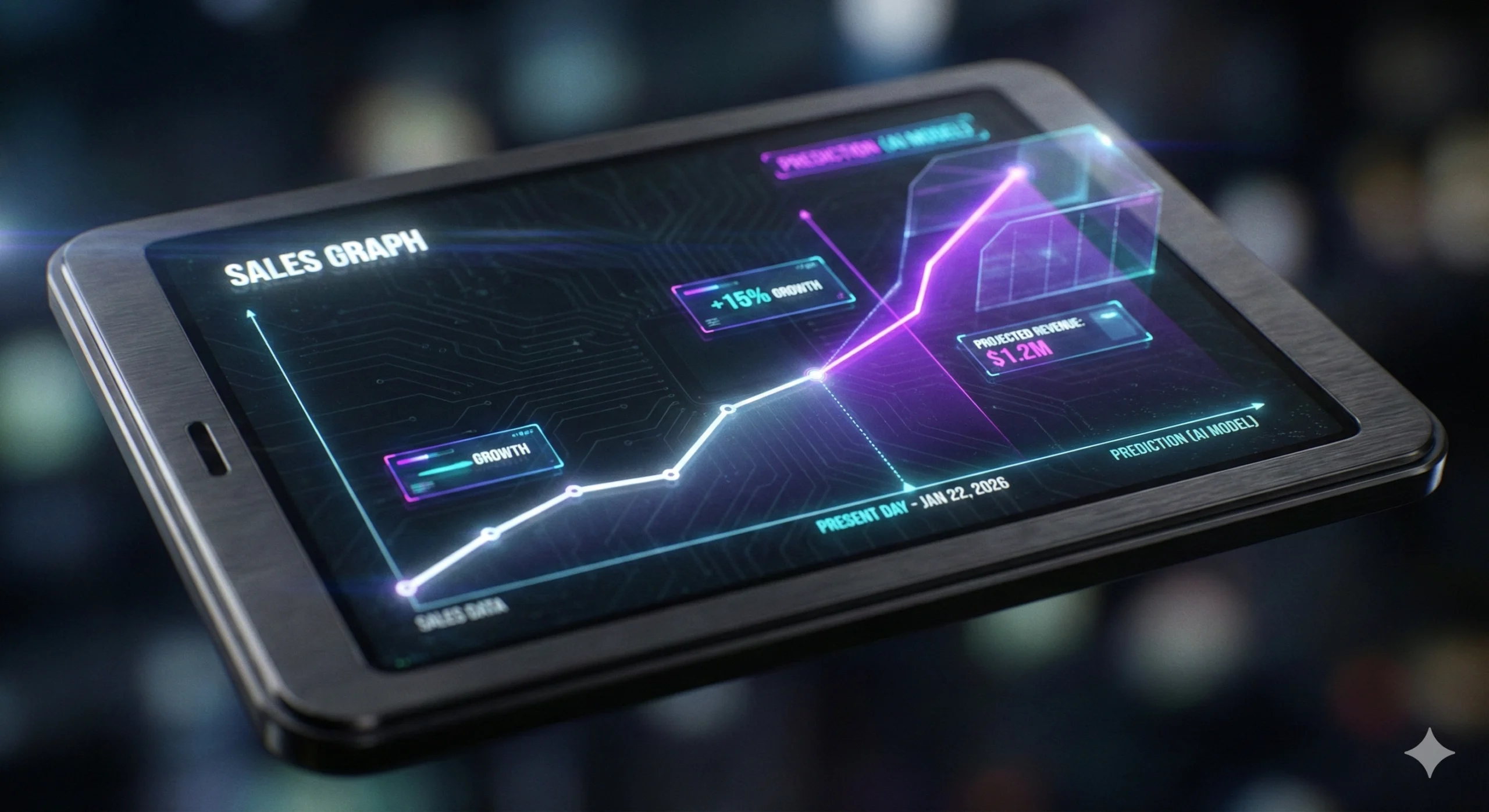 Gráfico futurista mostrando la predicción de ventas vs stock real gracias a la IA.