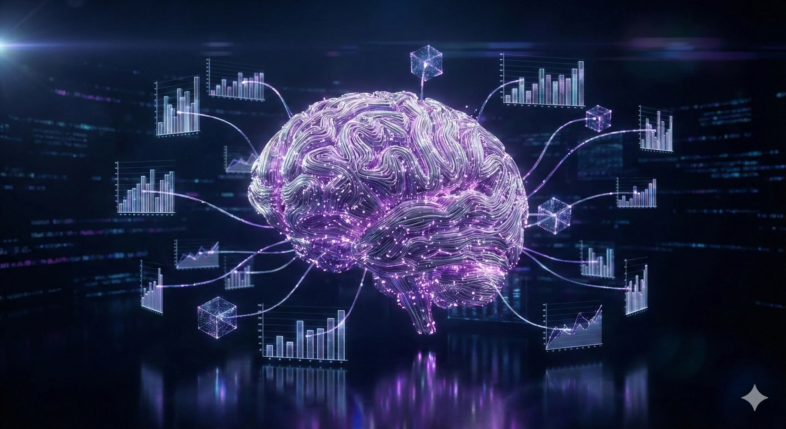 Representación visual de un cerebro digital de Inteligencia Artificial conectado a gráficos empresariales.