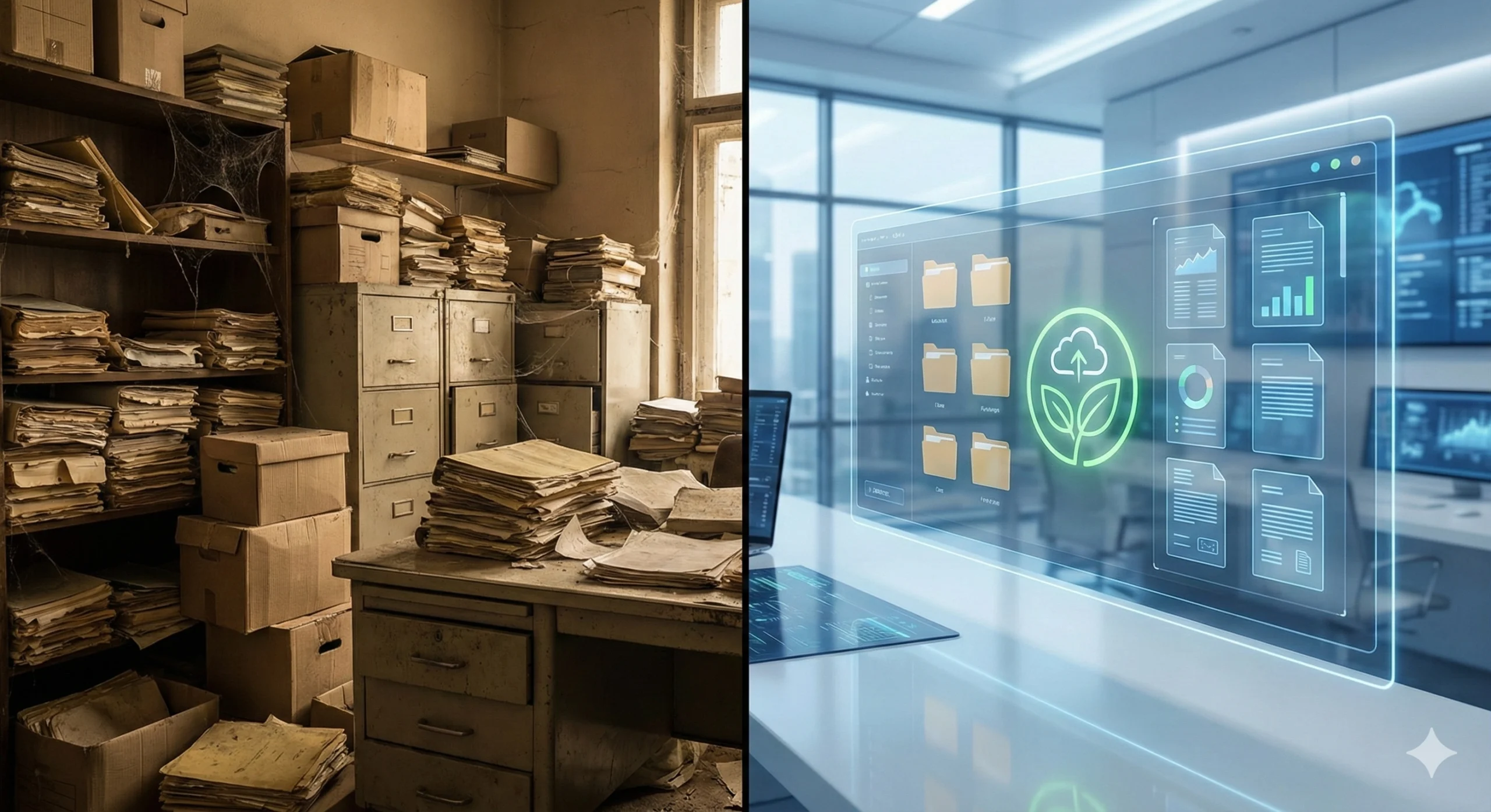 Comparativa de una oficina llena de papel frente a una gestión 100% digital y limpia en la nube.