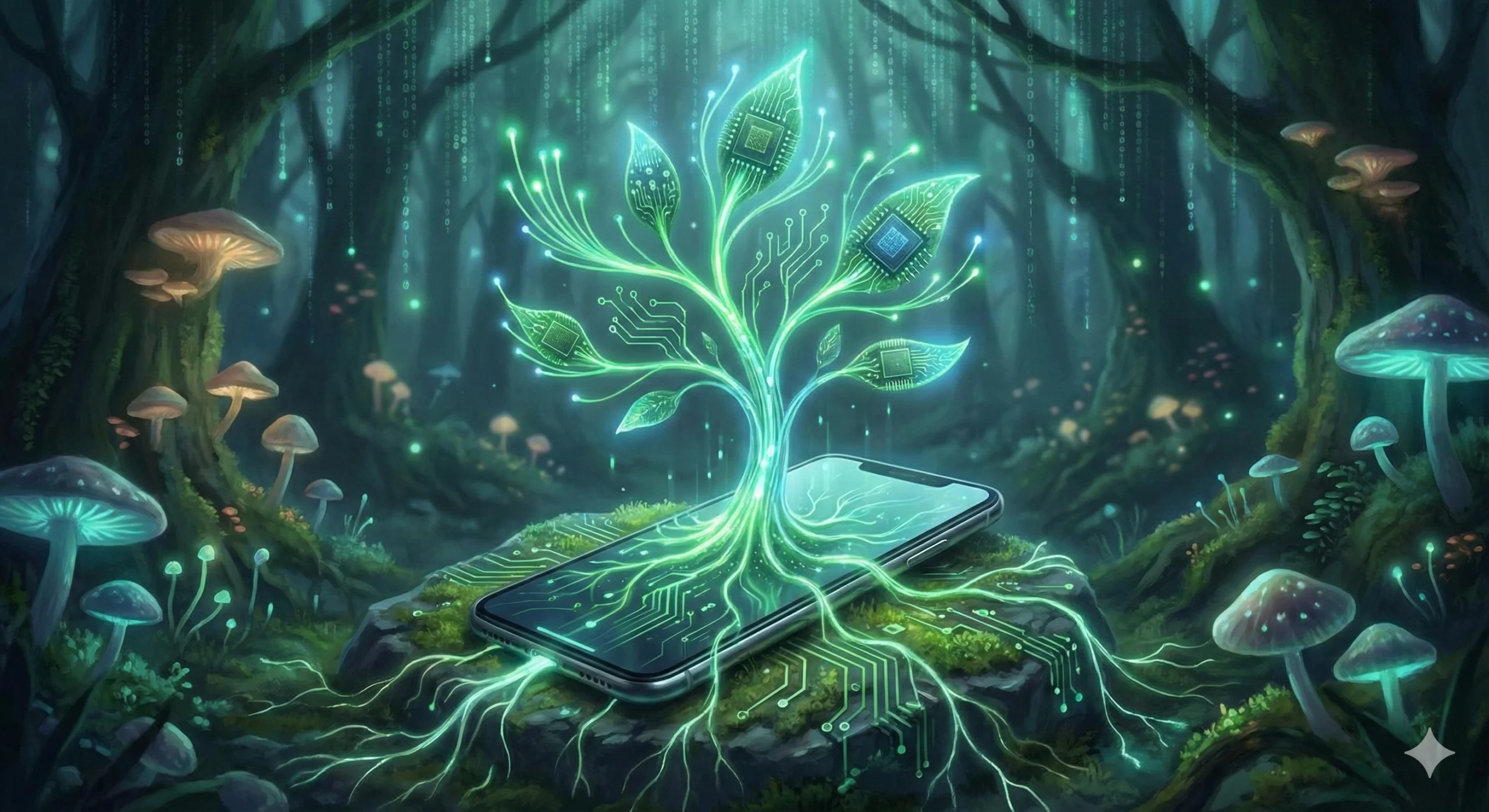 Planta digital creciendo de una tablet sobre fondo tecnológico oscuro, simbolizando el crecimiento sostenible.