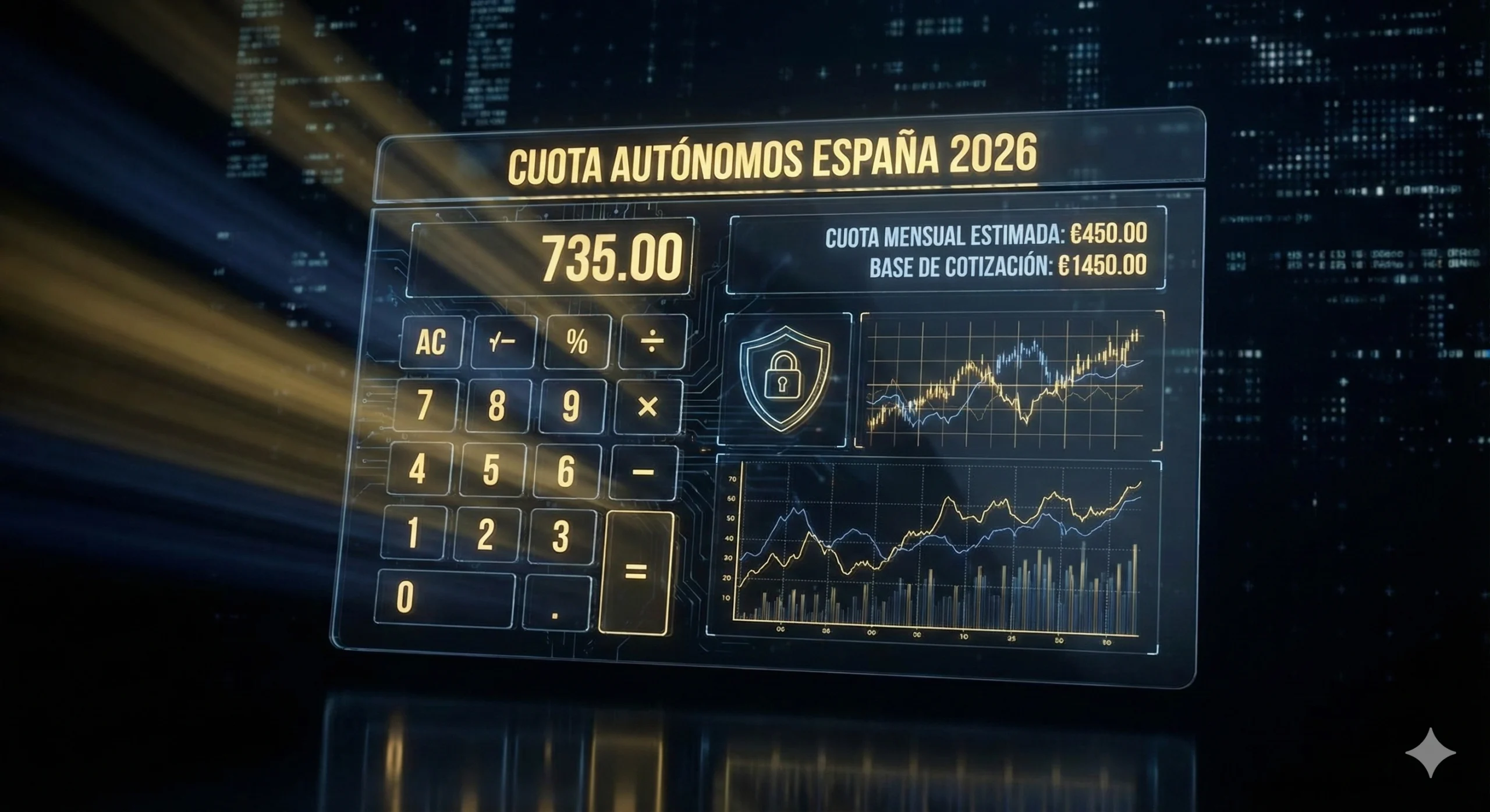 Calculadora digital de cuota de autónomos 2026 sobre fondo tecnológico dorado.